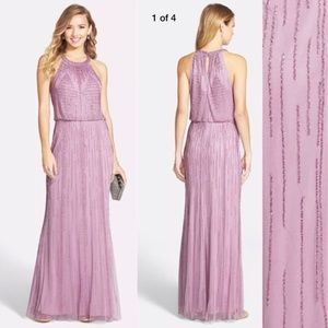 New Adrianna Papell beaded halter blouson gown icy